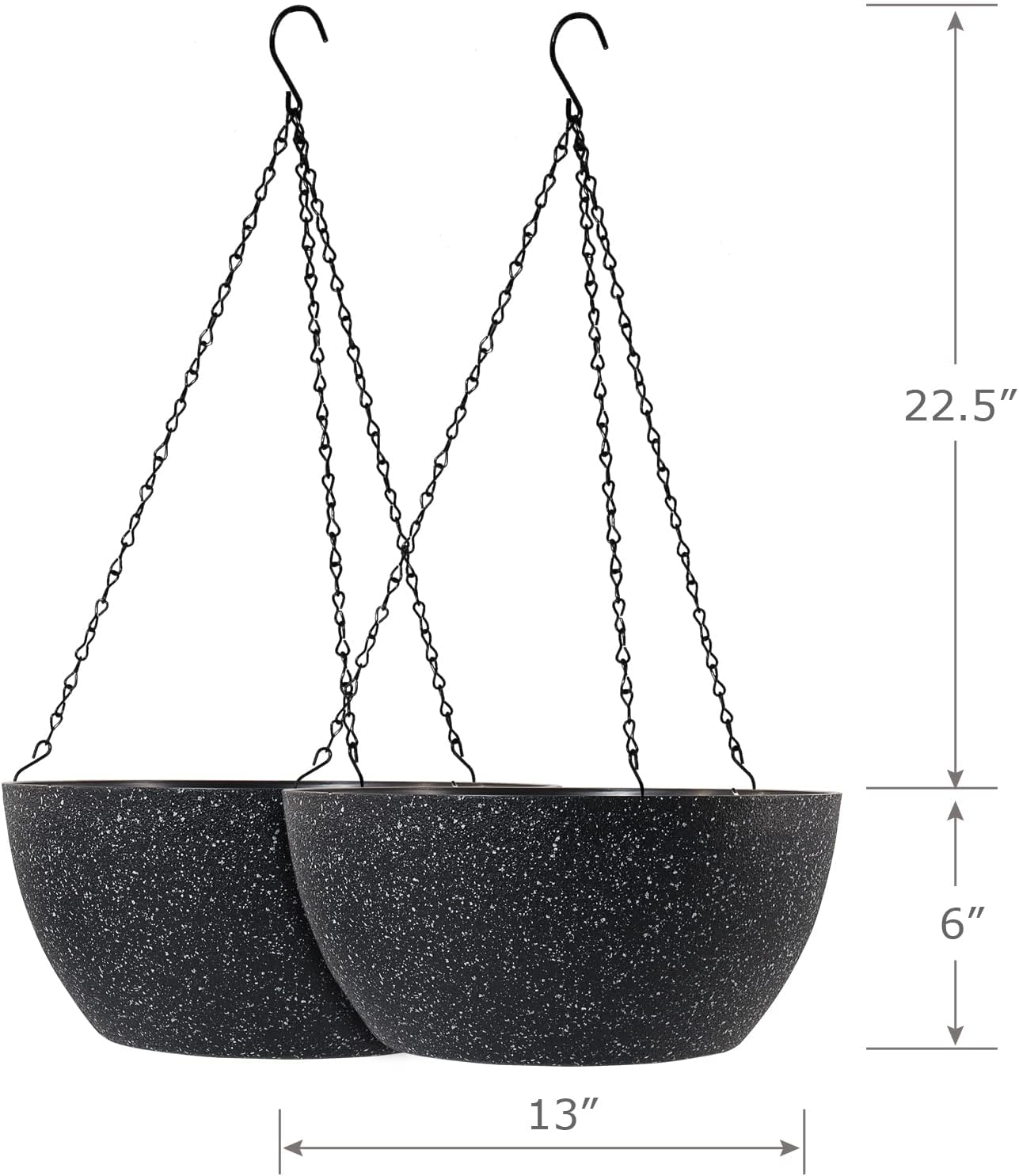 13 inch Large Hanging Planters Plant Pots for Outdoor Indoor Plants with Drainage Holes and Chain, 2 Pack Round Hanging Flower Pots for Garden Home Porch Decor, Speckled Black