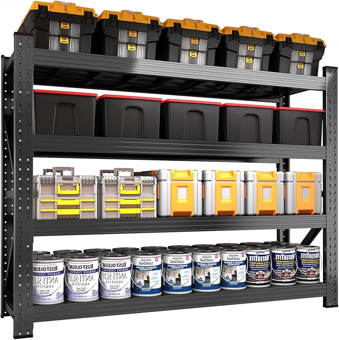 63” W 3000LBS Storage Shelves 4 Tier Garage Shelving, Heavy Duty Adjustable Metal Shelves Unit, Easy Assembly Stable Shelving for Industrial, Warehouse, Basement, 63"W x 24"D x 63"H, Black