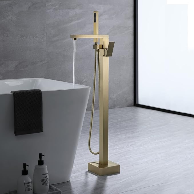 TapLong Brass Freestanding Bathtub Faucet Single Handle Brushed Gold Bath Tub Filler Faucet with Hand Shower High Flow Rate Max 6 GPM, Floor Mount, 51001BG