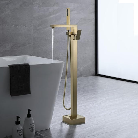 TapLong Brass Freestanding Bathtub Faucet Single Handle Brushed Gold Bath Tub Filler Faucet with Hand Shower High Flow Rate Max 6 GPM, Floor Mount, 51001BG