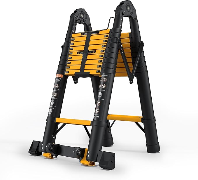 20.3 FT Telescoping A Frame Ladder, 10 Step, ANSI Certified, Type I Heavy Duty, 330lbs Max Capacity, Aluminum Extension Ladder for Home, Roof, RV; Yellow