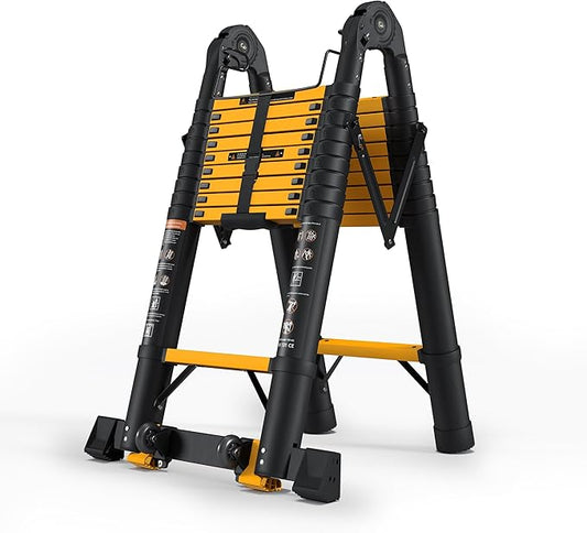 20.3 FT Telescoping A Frame Ladder, 10 Step, ANSI Certified, Type I Heavy Duty, 330lbs Max Capacity, Aluminum Extension Ladder for Home, Roof, RV; Yellow