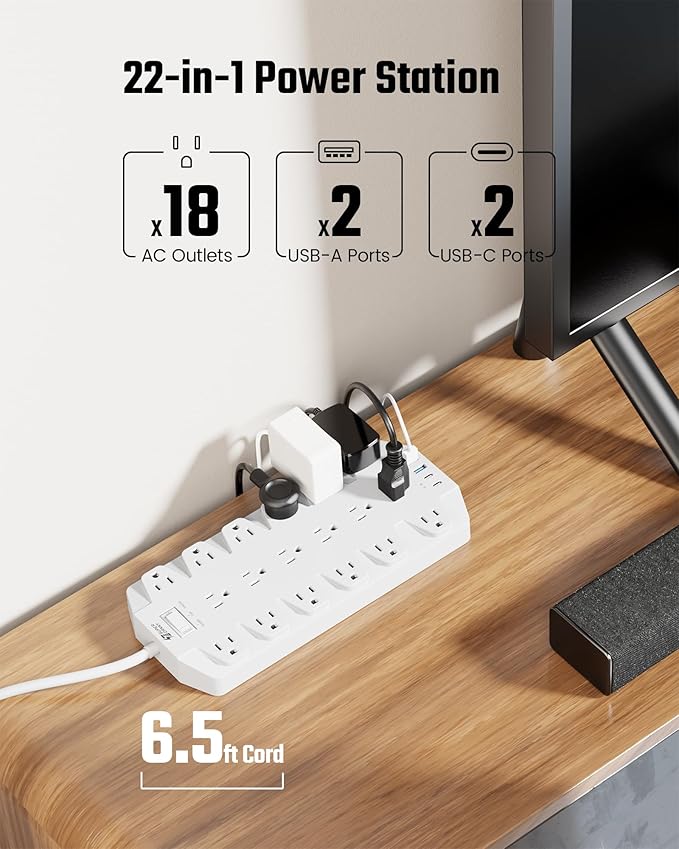 Power Strip Surge Protector, SUPERDANNY 18 Outlets with 2 USB C + 2 USB A Ports, 1875W/15A, 2100J, 6.5FT Flat Plug Heavy Duty Extension Cord with Multiple Outlets for Home, Office, Dorm, White