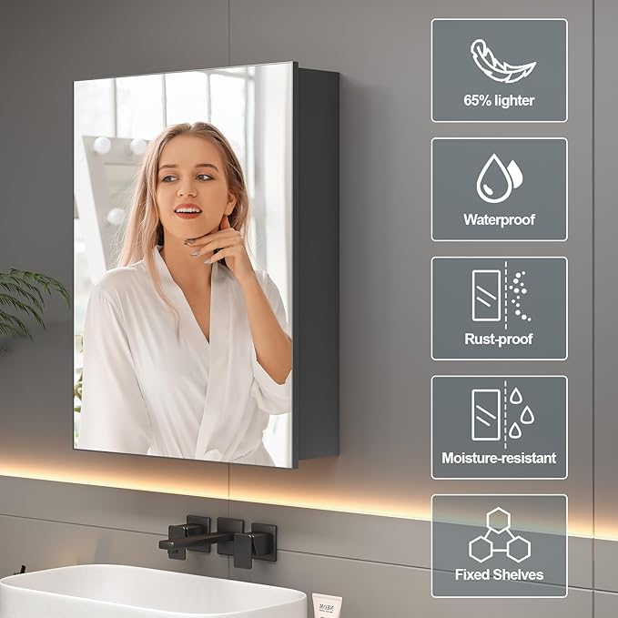 24 x 32 inch Bathroom Medicine Cabinet with Mirror, Black Metal Framed Mirror Medicine Cabinet with Storage, Pre-Assemble Medicine Cabinets, Recessed or Surface Mount