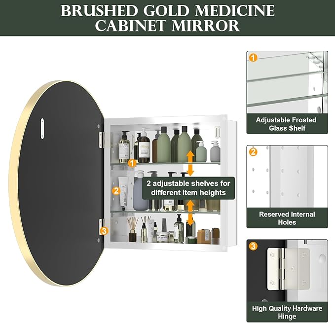 WallBeyond Bathroom Medicine Cabinet with Mirror, 24 Inch Gold Round Mirror Medicine Mabinet Wall Mounted with Aluminum Alloy Metal Framed, Surface Mount Medicine Cabinet with Storage