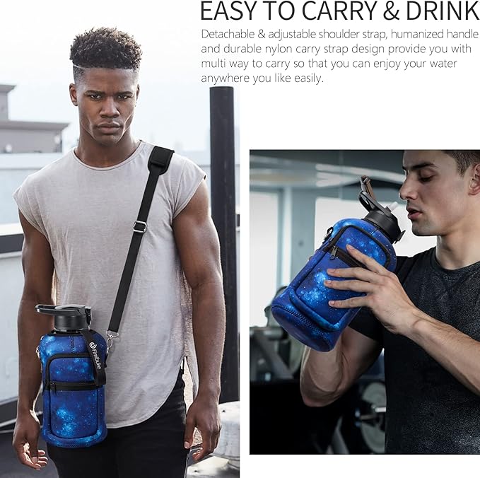 Fimibuke Half Gallon Water Bottle with Sleeve 64 OZ Water Bottle with Handle & Straw Leakproof Motivational Sports Gym Water Bottle with Time Marker BPA Free Water Jug with Reusable Neoprene Holder