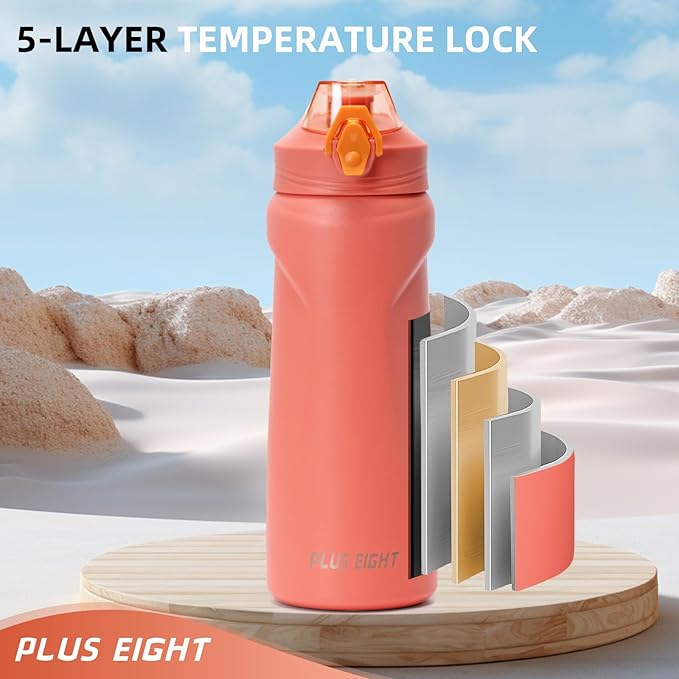 Sports Water Bottle, 25 oz Insulated Water Bottle With Straw, Stainless Steel Water Bottle Wide Mouth for Sports, Gym or Office, BPA-Free Keep Cold 24H Hot 12H (Orange)