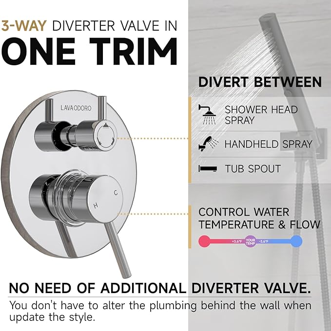 Lava Odoro Modern 3-Setting Round Rain Bathtub and Shower Faucet Set, Chrome Rainfall Shower Head and Handle Set, Rain Shower System with Tub Spout, Shower Valve Trim Kit, Chrome, SF104-C-T