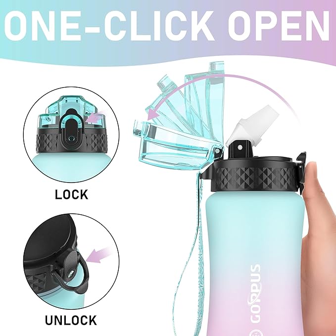 GOPPUS Kids Water Bottle with Straw Spout Lid 10pcs Stickers 12 oz Leak-proof BPA Free Motivational Time Marker Tritan Plastic Water Bottles for Girls Boys School Sports