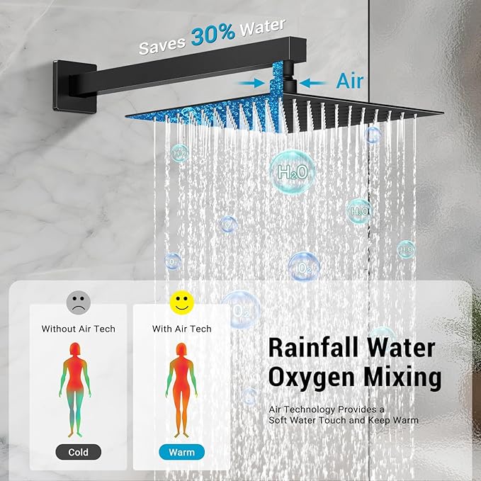 Rain Shower Faucet Set Wall Mounted Rainfall with Tub Spout Shower Head System Rough-in Valve Body and Trim Included Black (10 Inches)