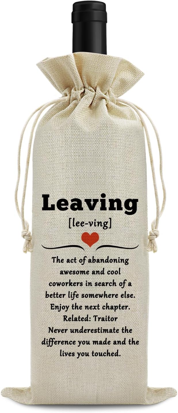 Farewell Gift Coworker Leaving Gifts for Coworkers Wine Bag for New Job Gifts for Colleague Drawstring Wine Bottle Bag Goodbye Gift for Boss Women Men Friends Reusable Burlap Wine Gift Bag