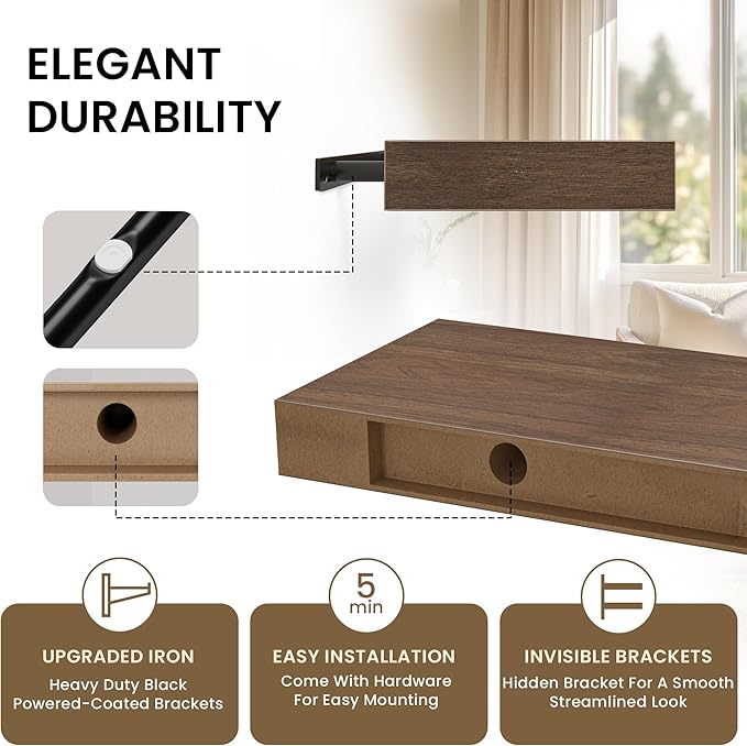 Floating Shelves for Wall, 55"W x 9.3"D x 1.5"H, Long Wooden Wall Mounted Display Shelves with Invisible Brackets for Living Room, Bedroom, Bathroom, Kitchen Decor and Storage, Set of 1, Walnut