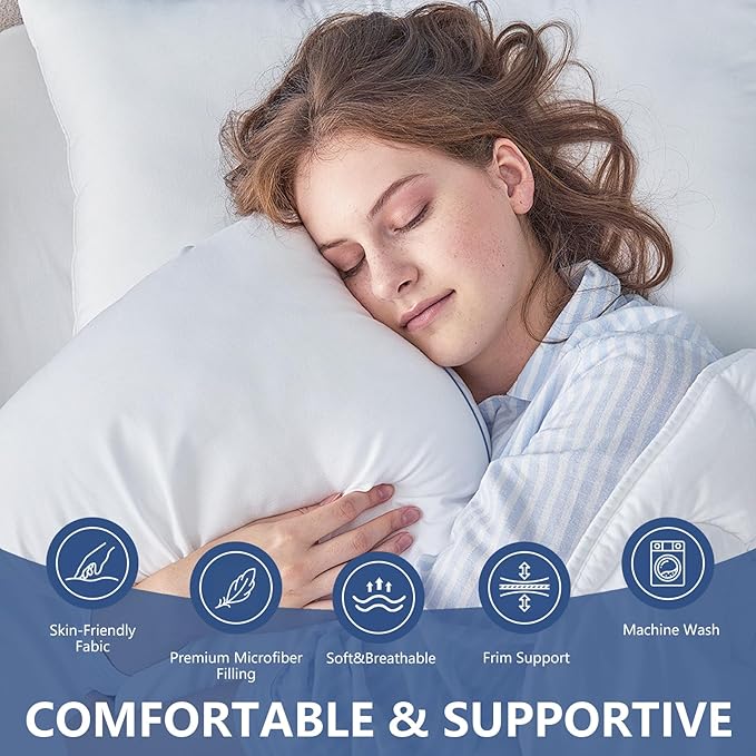HARNY Bed Pillows for Sleeping, Standard Size Set of 2, Luxury Soft Hotel Quality and Supportive Down Alternative Microfiber Filled for Back, Stomach or Side Sleepers, Breathable & Skin-Friendly