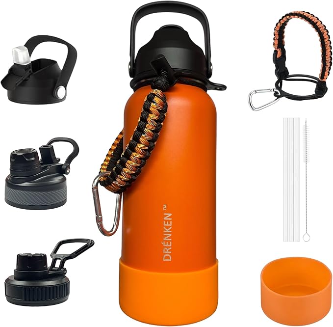 Water Bottle, Insulated water bottle, Stainless steel water bottle for kids men women Sports water bottle 32 oz Water bottle with straw Insulated Flask (Orange)
