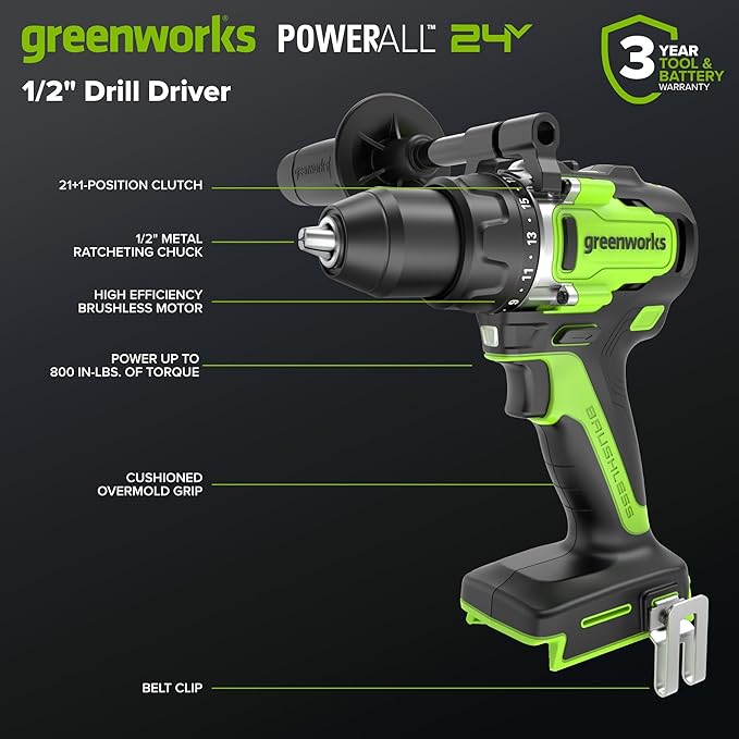 Greenworks 24V Cordless Brushless 800 in-lbs Drill/Driver, Professional Grade,21 Clutch, 4.0Ah USB-C Battery (24,000mAh Power Bank),65W USB-C Fast Charger(3-Port) and USB C to USB C Cable(3.3FT)