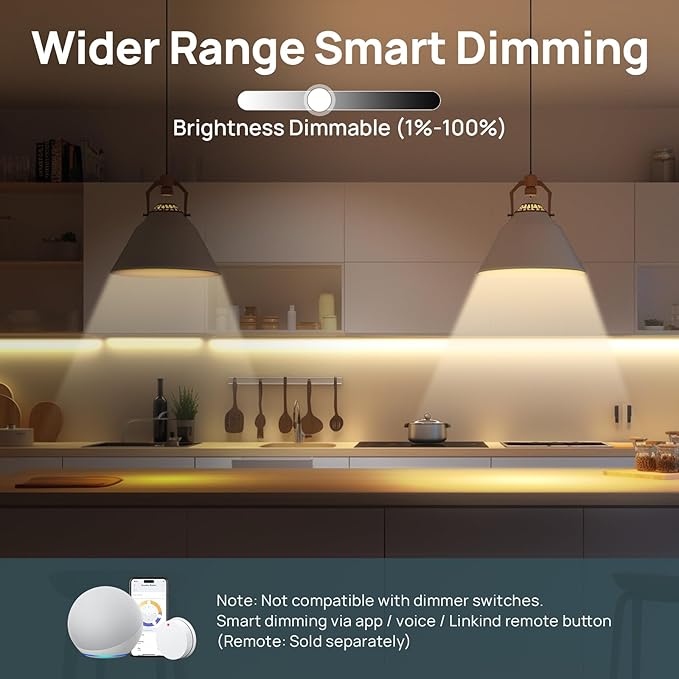 Linkind Matter Smart Light Bulb, Soft White to Daylight Tunable Alexa Light Bulbs, Smart Bulbs Work with Apple Home, Alexa, Google Home, SmartThings, 2.4GHz Wi-Fi LED, A19 E26, 800LM, 60W (4-Pack)