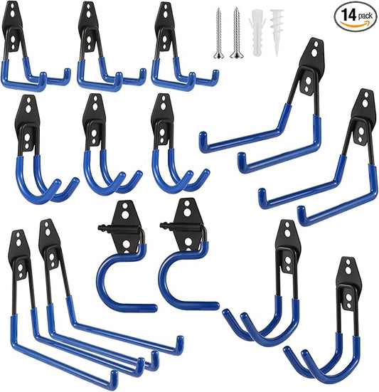 Steel Garage Hooks Wall Tool Organizer, 14 Pack Garage Storage Hook Heavy Duty Utility Storage Hangers Blue for Ladders, Ropes, Garden Tools