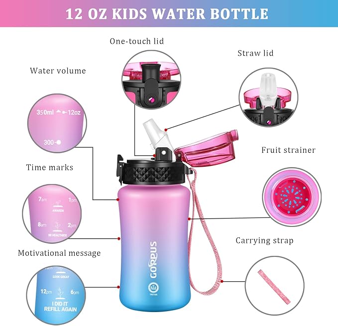 GOPPUS Kids Water Bottle with Straw Spout Lid 10pcs Stickers 12 oz Leak-proof BPA Free Motivational Time Marker Tritan Plastic Water Bottles for Girls Boys School Sports