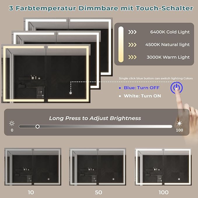 DICTAC Medicine Cabinet with Mirror and LED Light, Wall Mounted Bathroom Mirror with Storage, 2 Doors Bathroom Wall Cabinet, Memory Dimmable 3 Color Temp, Adjustable Shelves, 35.4''x23.6''