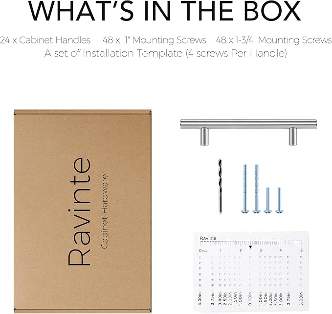 Ravinte 24 Pack | 6-3/10" Cabinet Pulls Brushed Nickel Stainless Steel Kitchen Cupboard Drawer Pulls Cabinet Handles 6-3/10 Inch Length，4 Inch Hole Center with Mounting