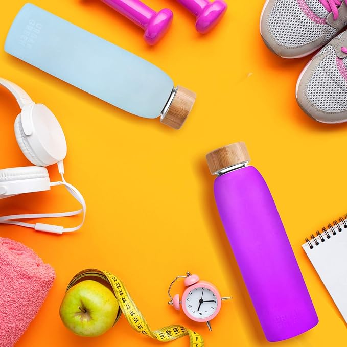 Urban Green Glass Water Bottle with Protective Silicone Sleeve and Bamboo Lid, 18oz, 1extra 304 Stainless Steel Lid with Handle, BPA Free, Dishwasher Safe, Gift Box, Mother's Day Gift