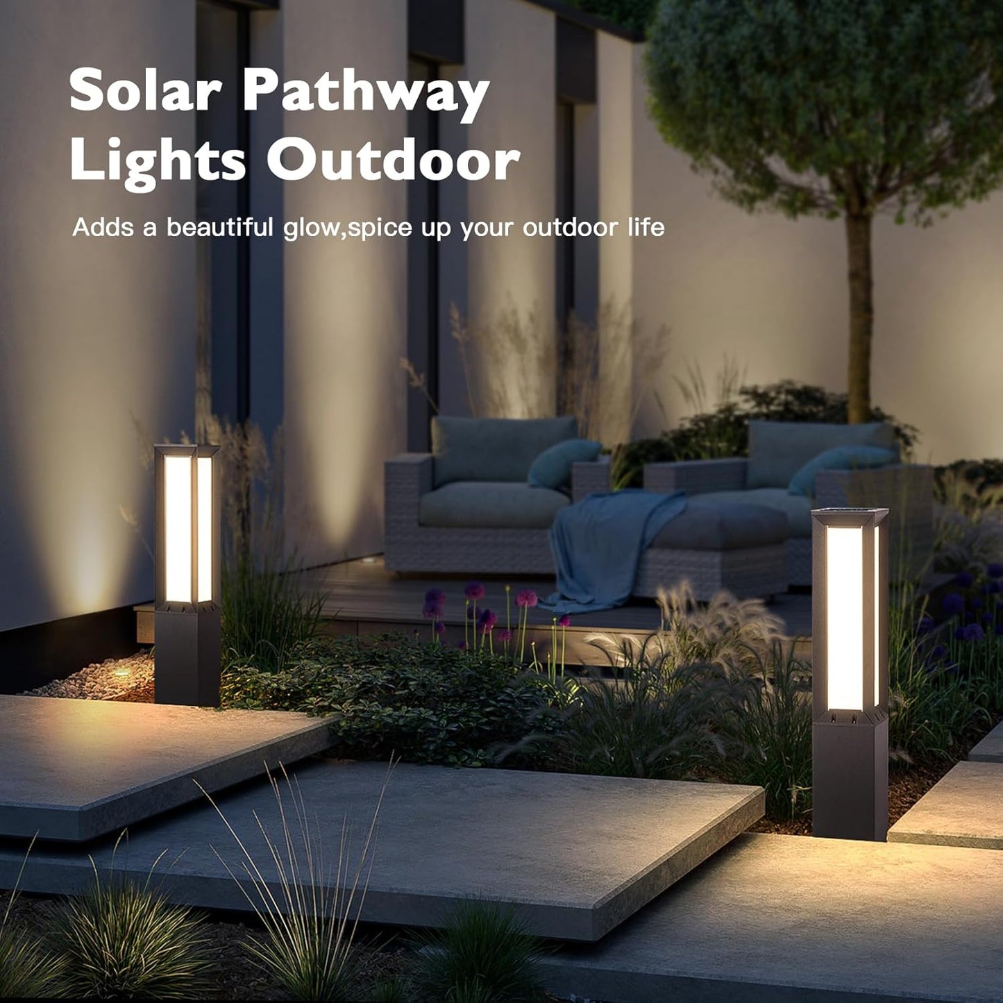 Solar Pathway Lights Outdoor, 32 Inch Modern Landscape Bollard Lighting Solar Powered Path Light, IP65 Waterproof 3000K LED Garden Luxury Lights for Driveway, Lawn, Patio, Yard, Walkway
