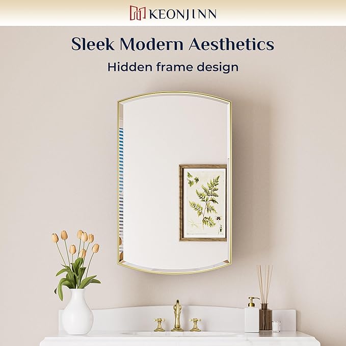 Keonjinn Medicine Cabinet 16 x 26 Inch, Surface Mount or Recessed Cabinets with Mirrors, Gold Metal Framed Wall Mirror with Storage, 2 Adjustable Shelves, Beveled Edge Frame