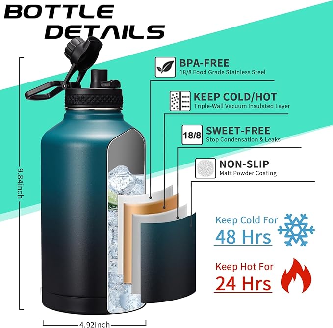 Half-gallon Insulated Water-Bottle with Straw - Stainless Steel Thermo Jug with Spout Straws Lids, Paracord Handle & Bottle Sleeve, 64OZ Vacuum Thermo Bottle for Outdoor Working Camping Trip