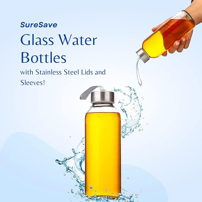 SureSave Glass Water Bottles with Stainless Steel Lids and Sleeves | 16 Oz Reusable Glass Bottles with Carrying Loop for Eco-Friendly Travel Drinks and Beverages (6 Pack)