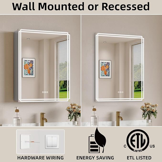 Buruis 24'' x 30'' Medicine Cabinet with Lights and Mirrors, Recessed or Wall Mounted Modern Bathroom Cabinet with 3-Mode Light, Anti-Fog, Dimmable, Memory Function, Outlet, Silver