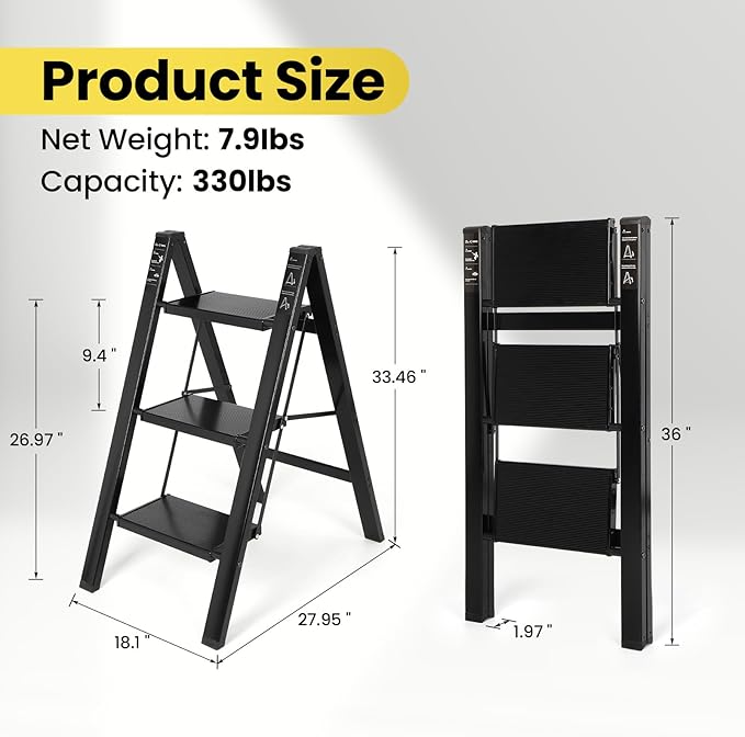 FAHKNS 3 Step Ladder, Aluminum Light Folding 3 Step Stool with Non-Slip Wide Pedal (7.9Inch), 330Lbs Capacity Stepping Stool, Step Ladder 3 Step Folding for Office,Household,Kitchen, Black