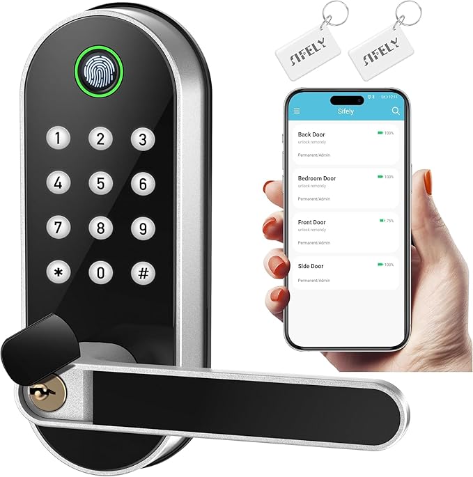 Keyless Entry Fingerprint Smart Lock with Handle & Keypad: Sifely Biometric Digital Electronic Lock with Code, Electric Deadbolt Door Knob for Front, Interior, Exterior & Bedroom Doors (Nickel)