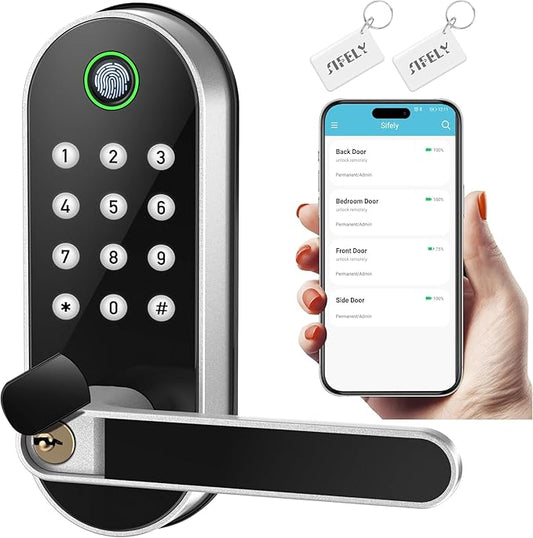 Keyless Entry Fingerprint Smart Lock with Handle & Keypad: Sifely Biometric Digital Electronic Lock with Code, Electric Deadbolt Door Knob for Front, Interior, Exterior & Bedroom Doors (Nickel)