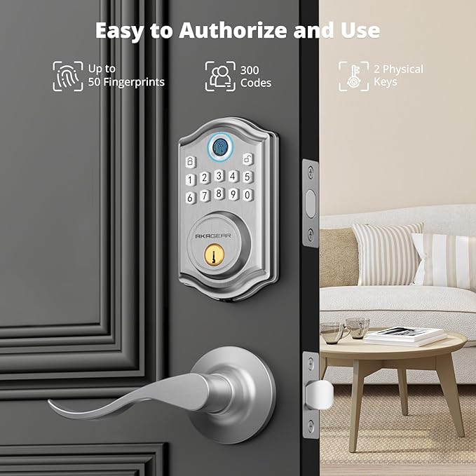 DS10 Keyless Entry Door Lock with Handle - 2 Lever Handles, Fingerprint Door Lock, Keypad Deadbolt, 2 Keys, Code, Smart Locks for Front Door, Auto-Lock, Easy Installation - Satin Nickel