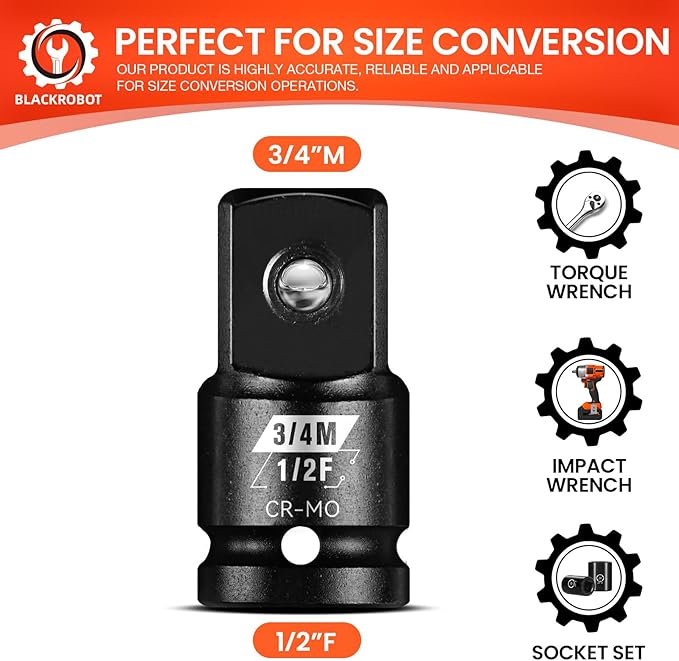 BLACKROBOT 1/2”F To 3/4”M Impact Socket Adapter, Cr-Mo Steel Exceeds ANSI Standards, Square Drive Reducer for Impact Driver Wrench