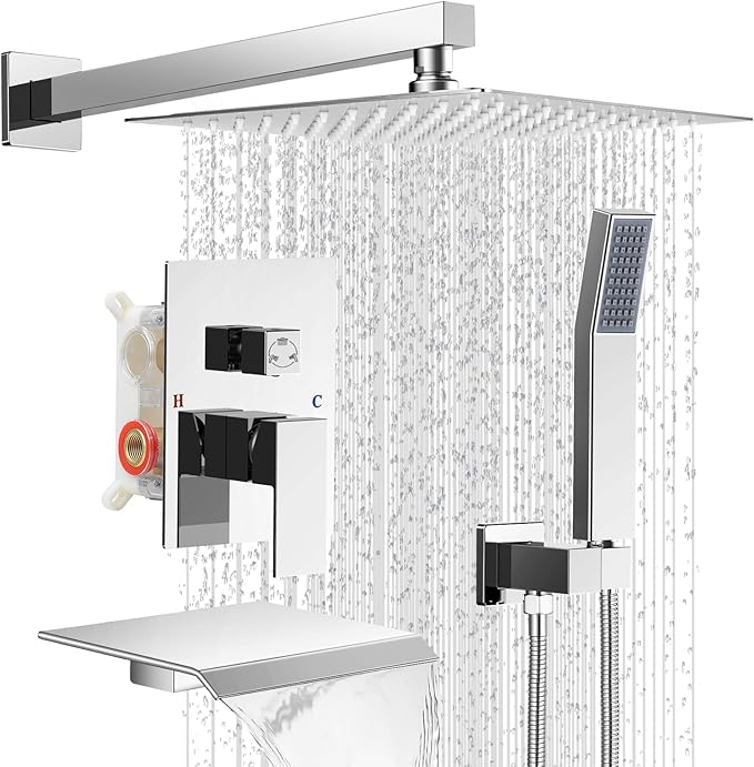 Rain Shower Faucet Set Wall Mounted Rainfall with Tub Spout Shower Head System Rough-in Valve Body and Trim Included Chrome (10 Inches)