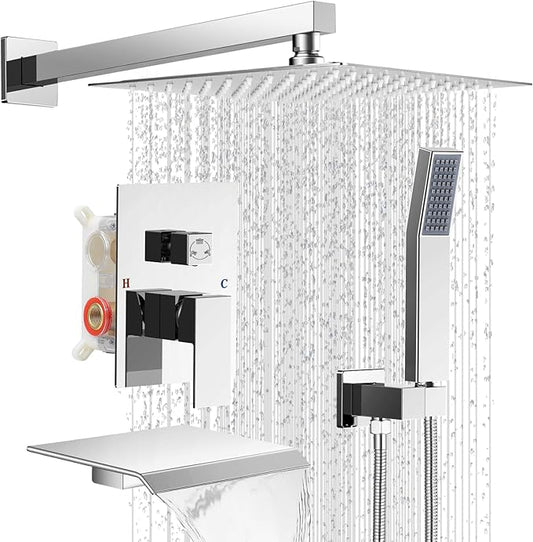 Rain Shower Faucet Set Wall Mounted Rainfall with Tub Spout Shower Head System Rough-in Valve Body and Trim Included Chrome (10 Inches)