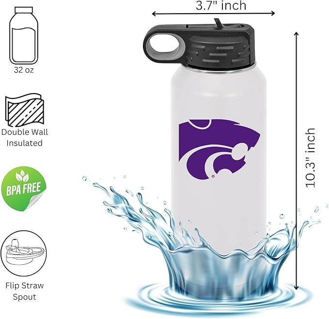 Kansas State University 32oz Stainless Steel Double Walled White Beverage Bottle with Flip Straw Spout - College Gear for Playoff Season – For Office, Home or Auto – Show your Wildcat Pride