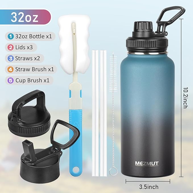 Stainless Steel Water Bottles 32oz Insulated Water Bottle with Straw&3 Lids Double Walled Sports Metal Thermos Water Bottle Cup Leak-Proof Vacuum Insulated Bottles Travel (Gradient Blue Black)