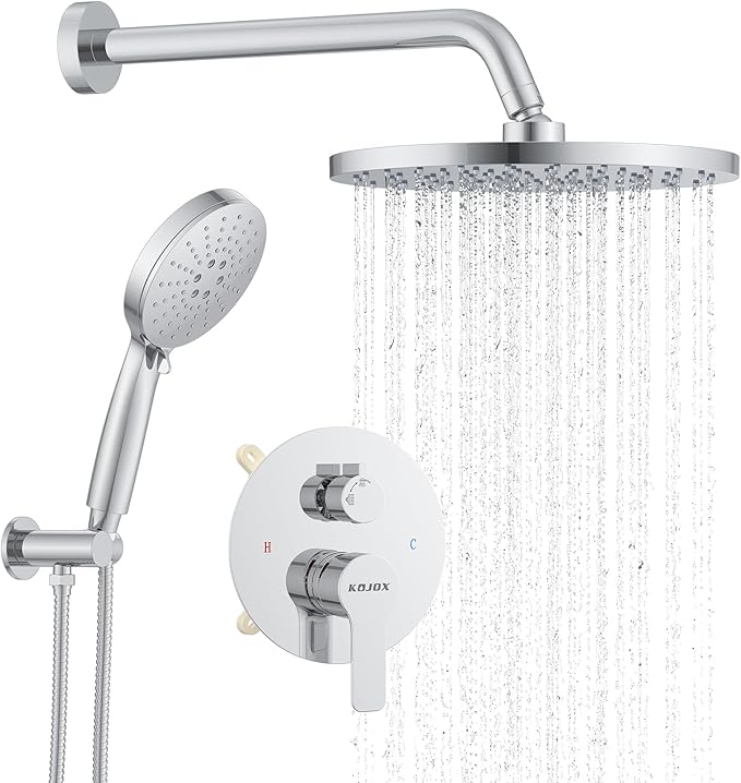 KOJOX Shower Set - Polished Chrome High Pressure Shower Head System- 3 Setting Headheld Shower Head Fixtures- Valve Included