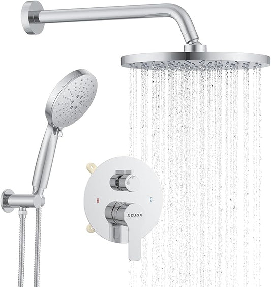 KOJOX Shower Set - Polished Chrome High Pressure Shower Head System- 3 Setting Headheld Shower Head Fixtures- Valve Included