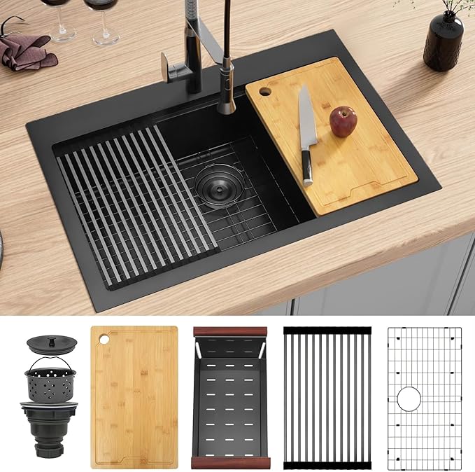 Drop In Black Kitchen Sink 33" X 22",Deep and Large Single Bowl Sinks,16 Gauge Stainless Steel Workstation Sink