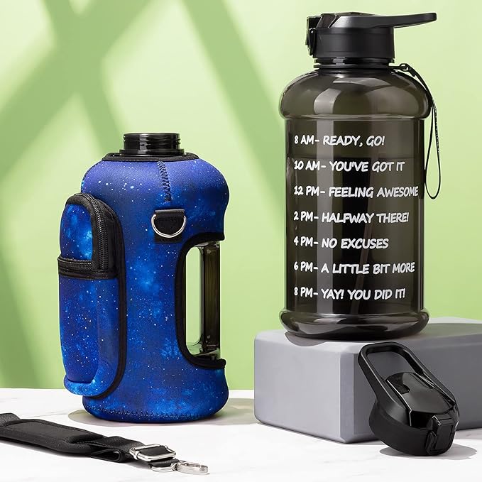 Fimibuke Half Gallon Water Bottle with Sleeve 64 OZ Water Bottle with Handle & Straw Leakproof Motivational Sports Gym Water Bottle with Time Marker BPA Free Water Jug with Reusable Neoprene Holder