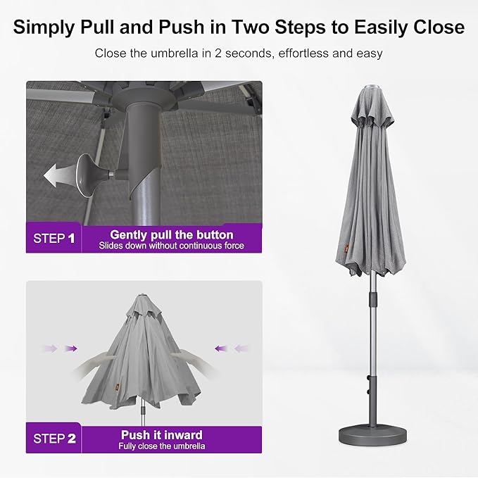 PURPLE LEAF 10 FT Semi-Auto Outdoor Patio Umbrella with Base Market Table Sun Umbrellas with 8 Aluminum Sturdy Ribs for Backyard Deck Garden Pool (Silver Pole Gray Canopy)