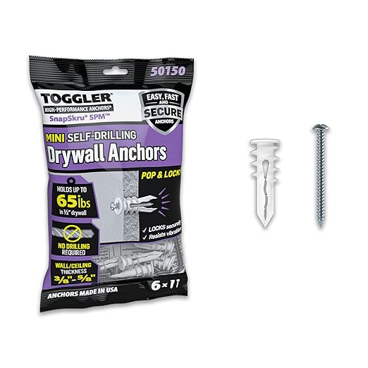 TOGGLER SnapSkru SPM Mini Self-Drilling Drywall Anchor with Screws, Glass-Filled Nylon, Made in US, for #6 to #8 Fastener Sizes (Pack of 6)