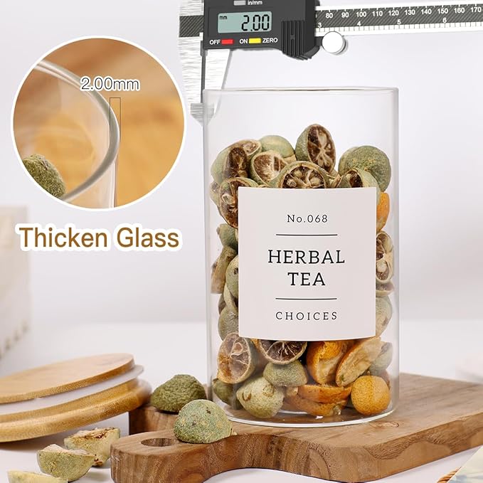 8 Pack Glass Jar with Airtight Bamboo Lid and White 132 Kichen Pantry Labels Preprinted - 21 Oz Clear Round Glass Food Storage Containers set For Tea Coffee Sugar Spice