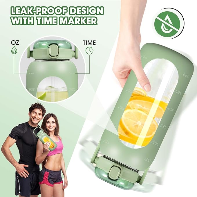 Glass Water Bottles 64 oz - Large Half Gallon Motivational Water Bottle with Time Marker Straw Phone Holder Handle, 64oz Daily Water Intake Jug with Silicone Sleeve for Office Work Gym Aqua