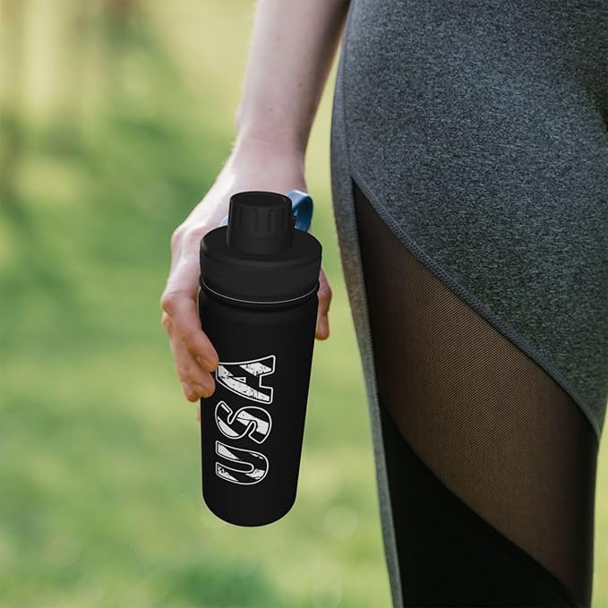 Cerburny Water Bottle Black USA Flag 18 oz Stainless Steel Insulated Bottles With Lid Wide Mouth Gym Sports Water Jug For Men Women Adult