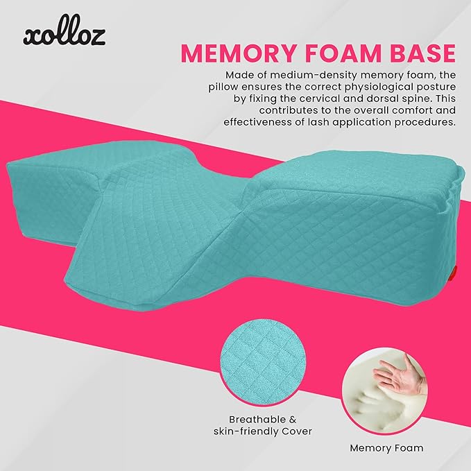 Pillow for Eyelash Extensions - Curved Memory Foam Lash Bed Pillow with Neck and Back Support, Perfect Pillow for Eyelash Extensions, Two Pockets for Tools On The Sides of Pillow (Blue)