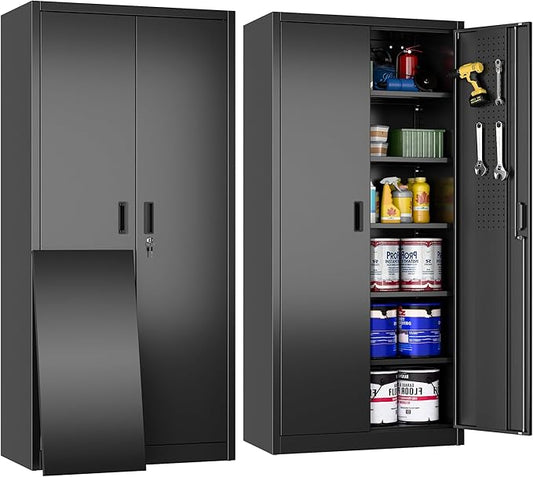 71" H Metal Garage Cabinet with Pegboards and Hooks,Tool Storage Cabinet with 2 Doors and 5 Adjustable Shelves for Office, Home, Garage, Gym, School, Assembly Required,Black